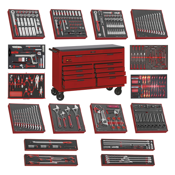 Teng Tools Mega Hand Tool Cabinet Tool Kit, 9 Drawer, Red, 53 in W TCW809N-KIT1